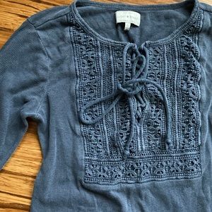Lucky Brand Boho Washed Blue Detailed Tie Long Sleeve, Small
